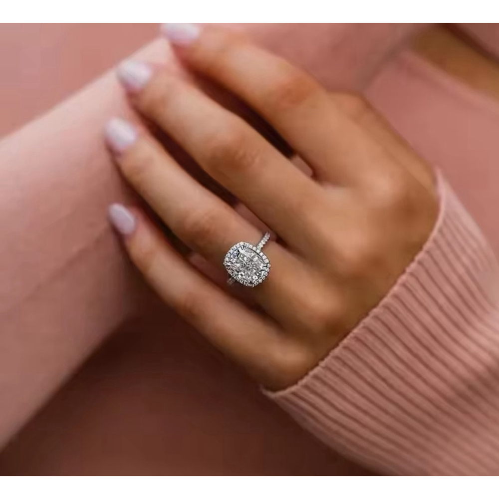 6ct Cushion Cut Halo Engagement Ring | 925 Sterling Silver Platinum - Picture 15 of 16
